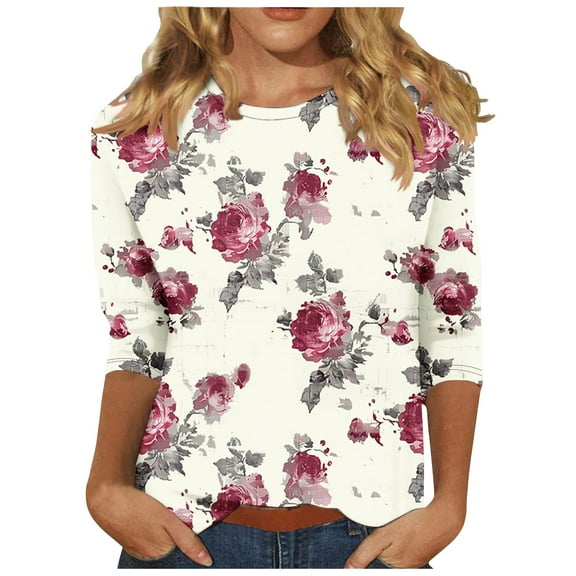 Raeneomay 3/4 Length Sleeve Womens Tops Women's Fashion Printed Round Neck T-Shirt Loose Tops Long Sleeve Round Neck Tops