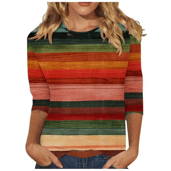 Raeneomay 3/4 Length Sleeve Womens Tops Women's Fashion Printed T-Shirt Blouse Round Neck Casual Tops