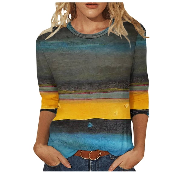 Raeneomay 3/4 Length Sleeve Womens Tops Women's Fashion Printed T-Shirt Blouse Round Neck Casual Tops