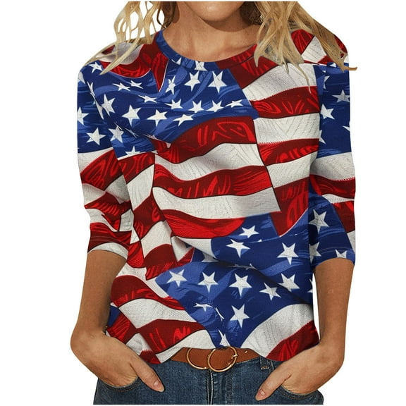 Raeneomay 3/4 Length Sleeve Womens Tops Women's Fashion Printed T-Shirt Blouse Round Neck Casual Tops