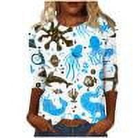 Raeneomay 3/4 Length Sleeve Womens Tops Women's Fashion Printed T-Shirt Blouse Round Neck Casual Tops