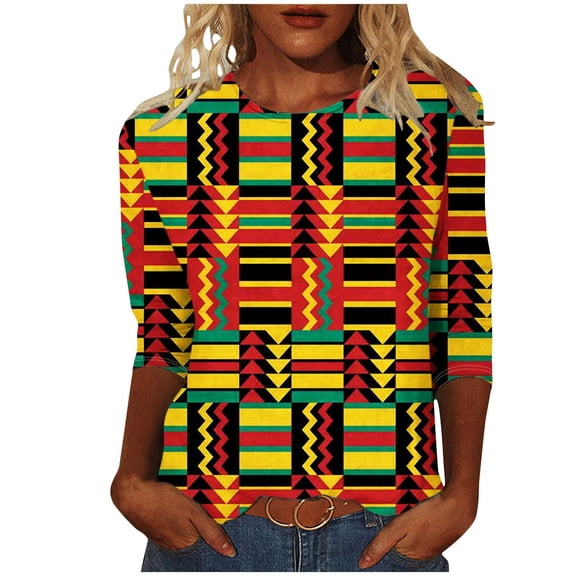 Raeneomay 3/4 Length Sleeve Womens Tops Women's Fashion Printed T-Shirt Blouse Round Neck Casual Tops