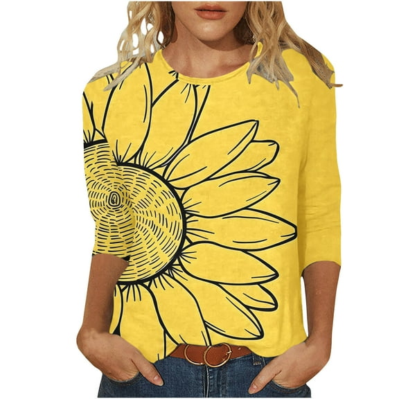 Raeneomay 3/4 Length Sleeve Womens Tops Women's Fashion Sunflower Printed T-Shirt Blouse Round Neck Casual Tops