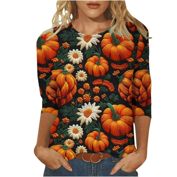 Raeneomay 3/4 Length Sleeve Womens Tops Women's Fashion Tees Casual Crewneck 3/4 Sleeve Loose T Shirt Ladies Tops Blouses Shirts