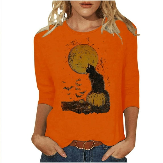 Raeneomay 3/4 Length Sleeve Womens Tops Women's Independence Day Round Neck T-Shirt Loose Top