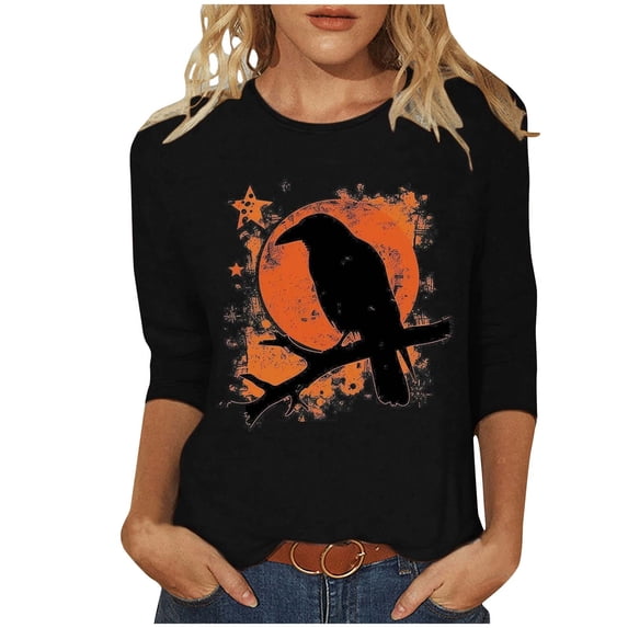 Raeneomay 3/4 Length Sleeve Womens Tops Women's Independence Day Round Neck T-Shirt Loose Top