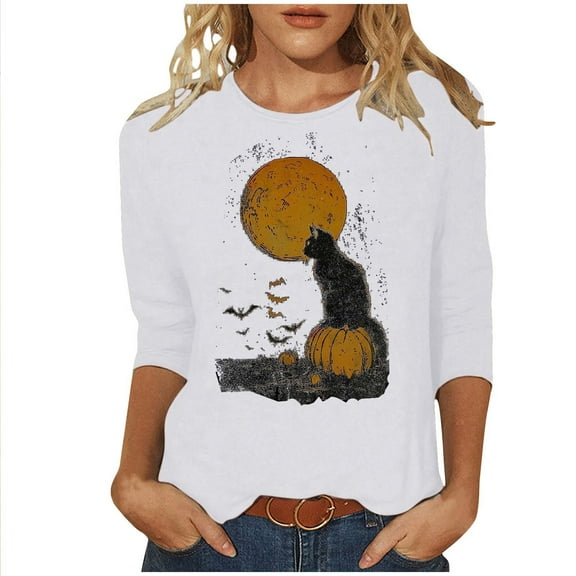 Raeneomay 3/4 Length Sleeve Womens Tops Women's Independence Day Round Neck T-Shirt Loose Top