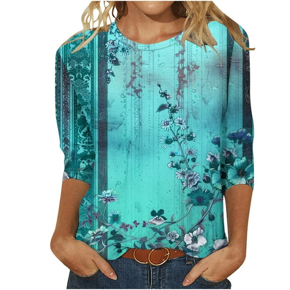 Raeneomay 3/4 Length Sleeve Womens Tops Women's Loose Casual Crew Neck Printed Seven-quarter Sleeve Top T-Shirt