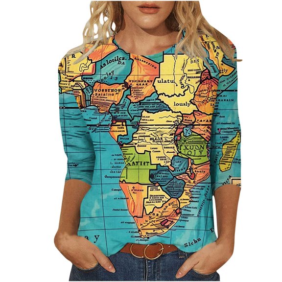 Raeneomay 3/4 Length Sleeve Womens Tops Women's Map Print Fashion Printed Round Neck T-Shirt Tops