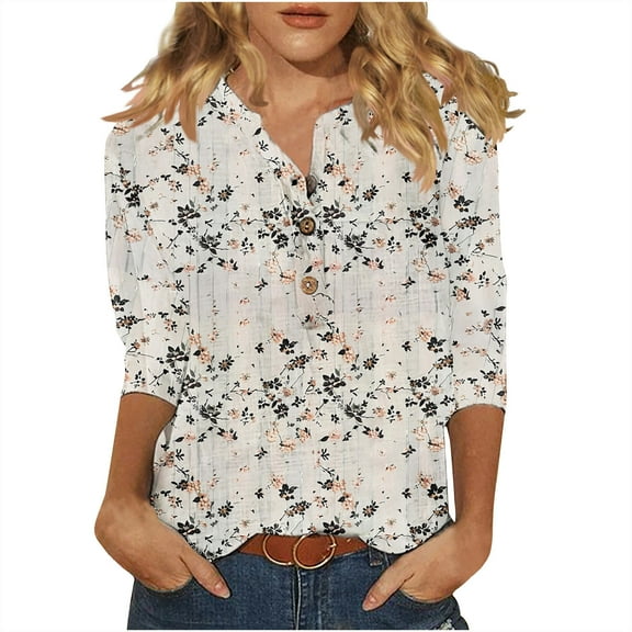Raeneomay Button Down Shirts 3/4 Length Sleeve Womens Tops Women's Casual Round Neck Button Cotton Linen Printed Three Quarter Sleeve Top