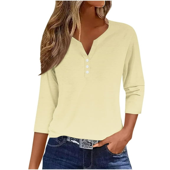 Raeneomay Button Down Shirts 3/4 Length Sleeve Womens Tops Women's Fashion Casual Solid T-Shirt Blouse V-Neck Casual Tops