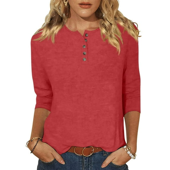 Raeneomay Button Down Shirts 3/4 Length Sleeve Womens Tops Women's Round Neck Button T-Shirt Loose Top