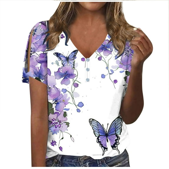 Raeneomay Button Down Shirts Loose Summer Tops for Women Women Fashion Casual Shirts Short Sleeve Loose Tee Tops V Neck Blouse