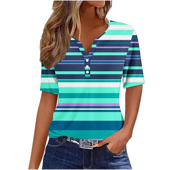 Raeneomay Button Down Shirts Loose Summer Tops for Women Women's Striped Printed Short Sleeved V-Neck Button Top Short Sleeved V-Neck Top/Shirt