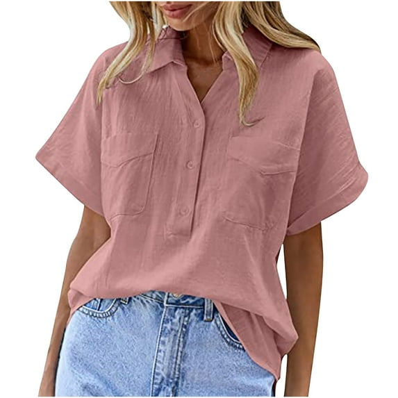 Raeneomay Button Down Shirts for Women Solid V-Ncek Short Sleeved Solid Color Short Sleeved Solid Color Double Pocket Pullover Shirt Loose Cotton Linen Shirt Short Sleeved V-Ncek Top/Shirt