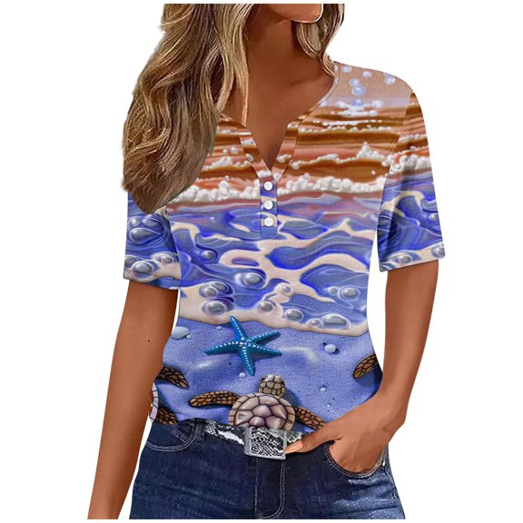 Raeneomay Button Down Shirts for Women Summer Tops for Women Vacation Trendy V Neck Short Sleeve Shirts Casual Loose Spring Vintage Floral Print Comfy Tunic Clothes