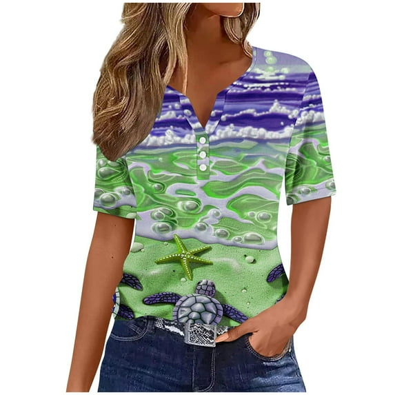 Raeneomay Button Down Shirts for Women Summer Tops for Women Vacation Trendy V Neck Short Sleeve Shirts Casual Loose Spring Vintage Floral Print Comfy Tunic Clothes