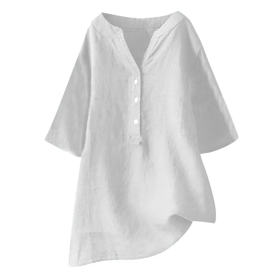 Raeneomay Button Down Shirts for Women Women's Loose and Versatile V-Neck Five Quarter Sleeved Cotton Linen Tops Shirt Short Sleeved V-Neck Tops/Shirt