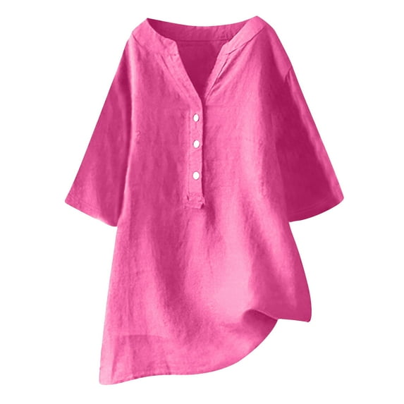 Raeneomay Button Down Shirts for Women Women's Loose and Versatile V-Neck Five Quarter Sleeved Cotton Linen Tops Shirt Short Sleeved V-Neck Tops/Shirt