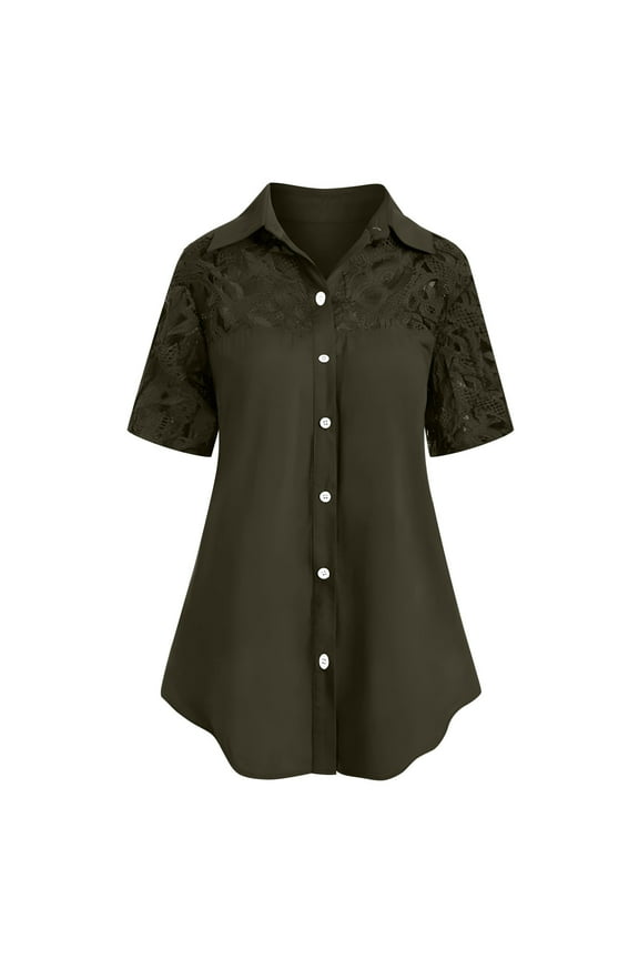 Button Down Shirts for Women 202024 Women's New Button-up Lace Solid Color Short-sleeved Shirt