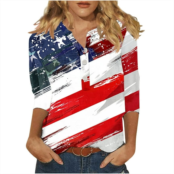Raeneomay Button Down Shirts for Women 2024 Women's Casual Fashion Independence Day Print Button-up Seven-quarter Sleeve Top