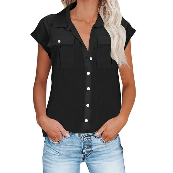Raeneomay Button Down Shirts for Women 2024 Women's Summer Casual Fashion Lapel Button-up Short-Sleeved Shirt