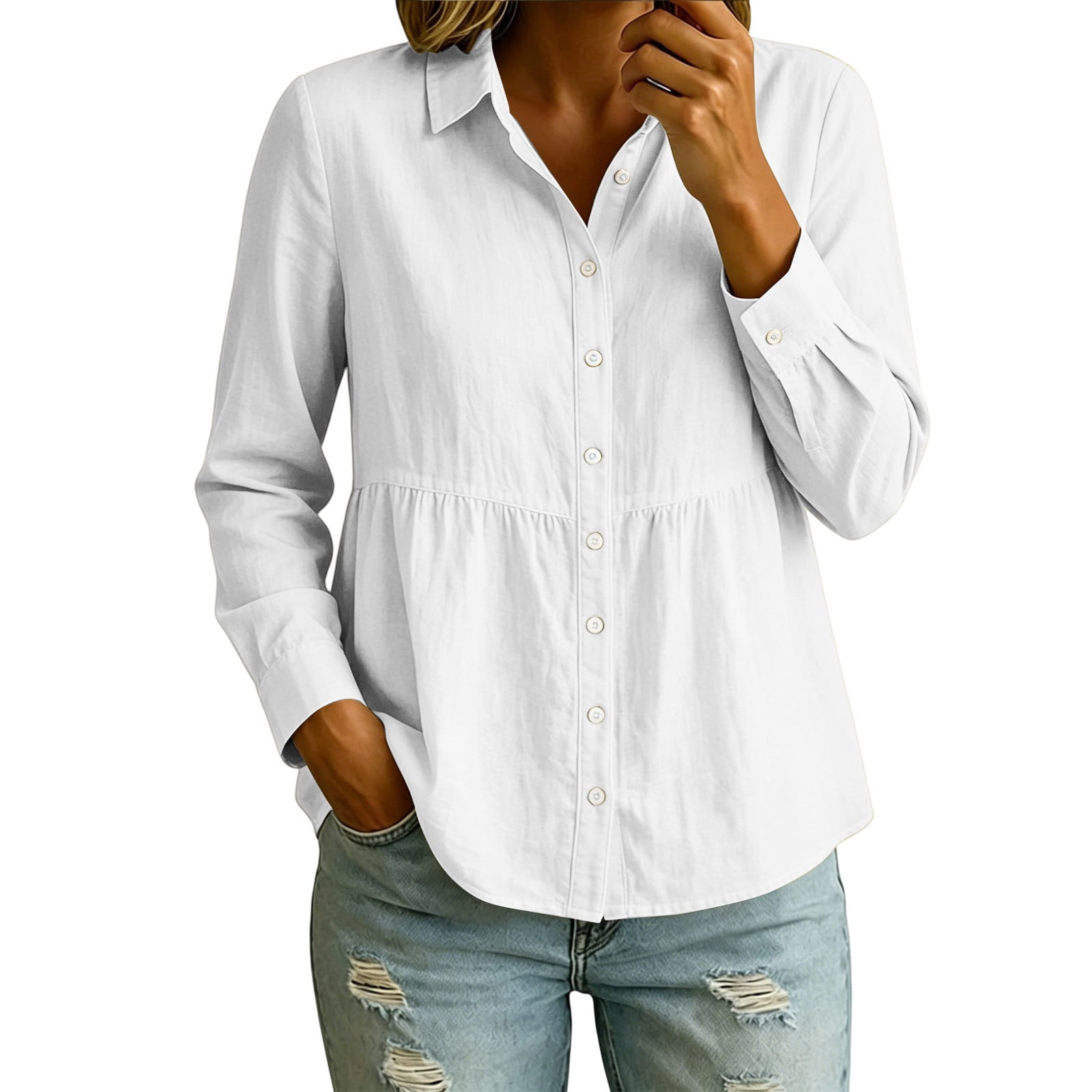 Work By Spring Formula Raeneomay Button Down Shirts for Women Collared Pleated Cotton Blend ...