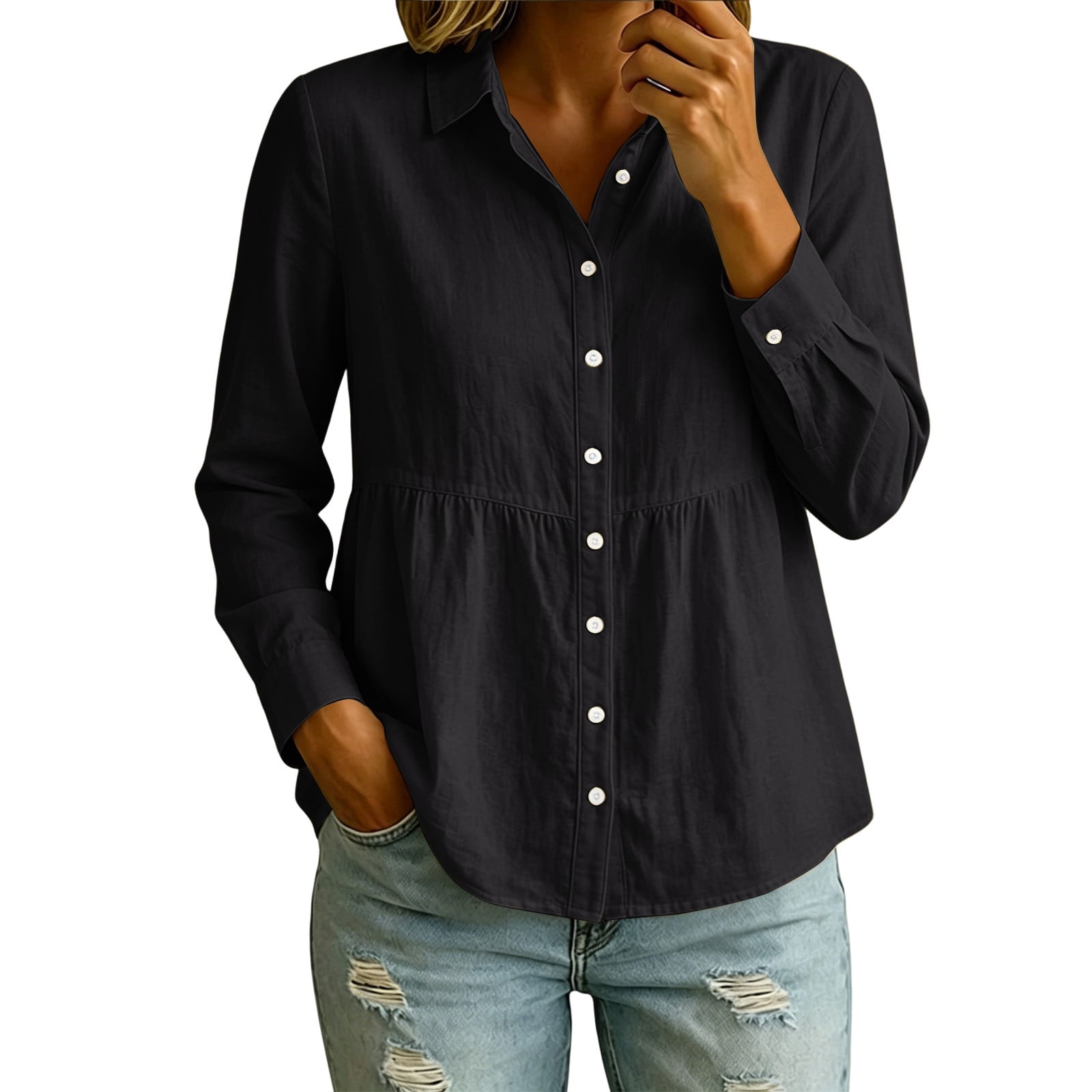 Work By Spring Formula Raeneomay Button Down Shirts for Women Collared Pleated Cotton Blend ...