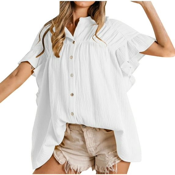 Raeneomay Button Down Shirts for Women Short Sleeve Plus Size Shirt Casual Solid Color Single-Breasted Tops on Clearance