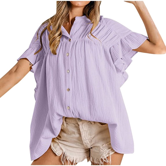Raeneomay Button Down Shirts for Women Short Sleeve Plus Size Shirt Casual Solid Color Single-Breasted Tops on Clearance