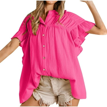 Raeneomay Button Down Shirts for Women Short Sleeve Plus Size Shirt Casual Solid Color Single-Breasted Tops on Clearance