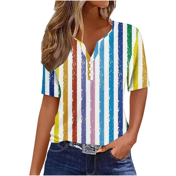 Raeneomay Button Down Shirts for Women Striped Printed Short Sleeved V-Neck Button Top Short Sleeved V-Neck Top/Shirt