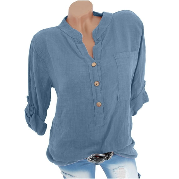 Raeneomay Button Down Shirts for Women Women's Summer Casual Stand Collar Neck Long Sleeved Color Loose Shirt Tops