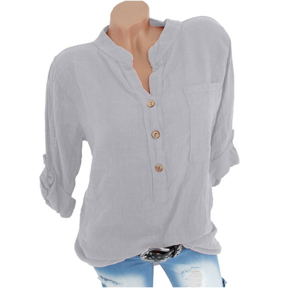 Raeneomay Button Down Shirts for Women Women's Summer Casual Stand Collar Neck Long Sleeved Color Loose Shirt Tops