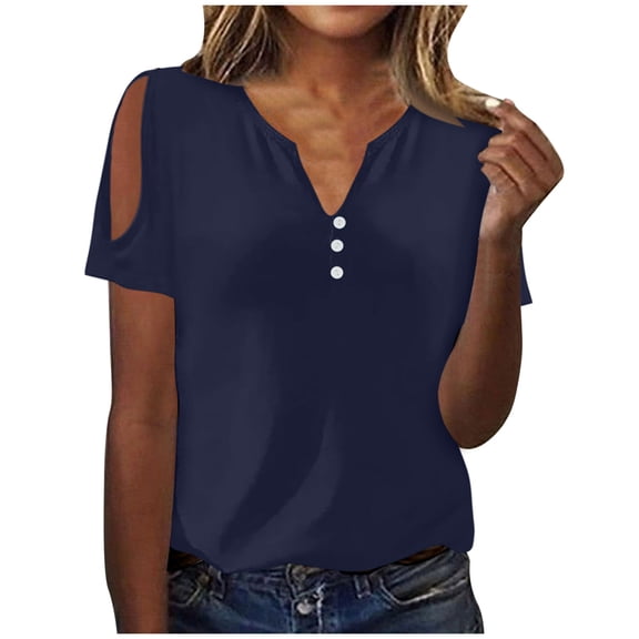 Raeneomay Button Down Shirts for Women Women's Summer Fashion Solid Color V-Neck Casual Short Sleeved Top Short Sleeved V-Neck Top/Shirt