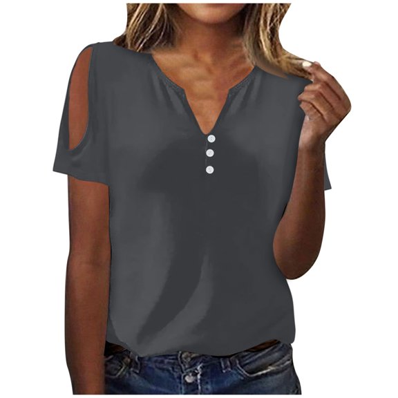 Raeneomay Button Down Shirts for Women Women's Summer Fashion Solid Color V-Neck Casual Short Sleeved Top Short Sleeved V-Neck Top/Shirt