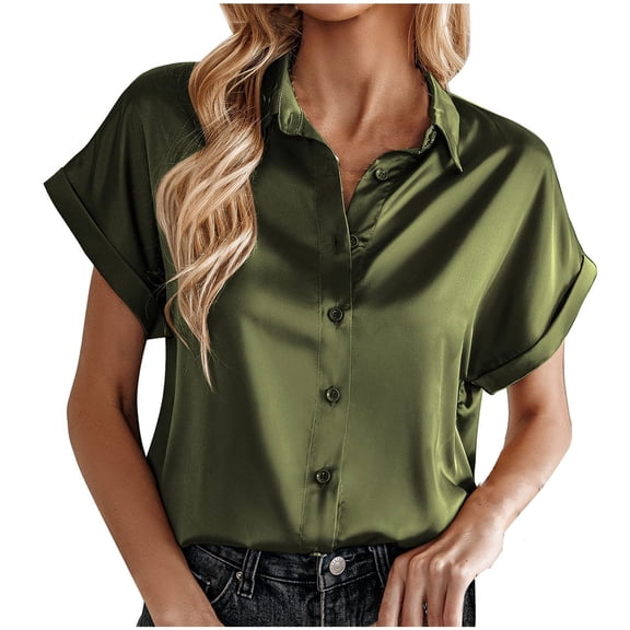 Raeneomay Button Down Shirts for Women Women's Summer Lace Sleeve Tops Solid Color Splice Short Sleeve V-Neck Shirt