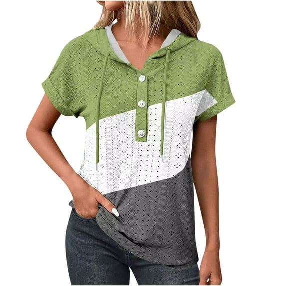 Raeneomay Button Down Shirts for Women Women's V-Neck Hollow Out Recreational Short Sleeve Tops Blouse