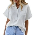 thumbnail image 1 of Raeneomay Button Down Shirts for Women Solid V-Ncek Short Sleeved Solid Color Short Sleeved Solid Color Double Pocket Pullover Shirt Loose Cotton Linen Shirt Short Sleeved V-Ncek Top/Shirt, 1 of 5