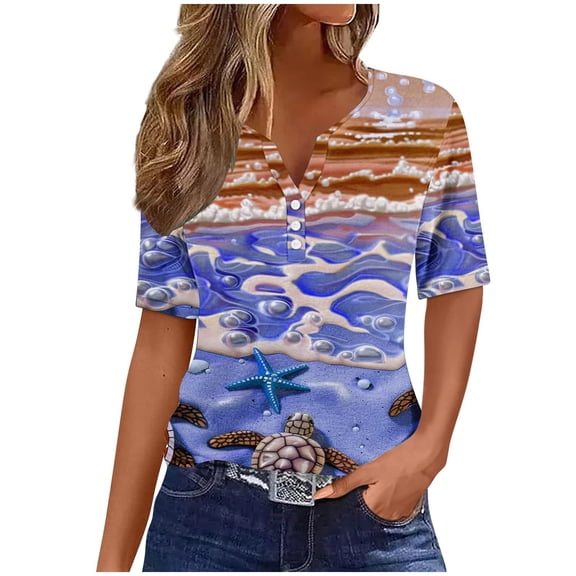 Raeneomay Button Down Shirts for Women Summer Tops for Women Vacation Trendy V Neck Short Sleeve Shirts Casual Loose Spring Vintage Floral Print Comfy Tunic Clothes