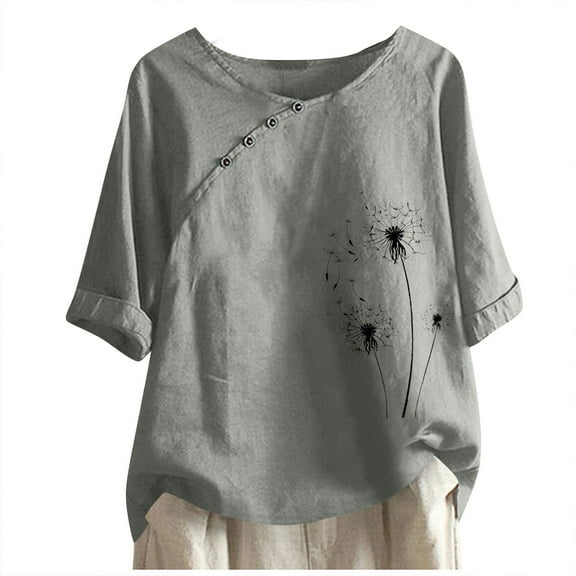 Raeneomay Button Sown Shirts for Women 2024 Casual Fashion Crew-Neck Button-printed Short-Sleeved Top