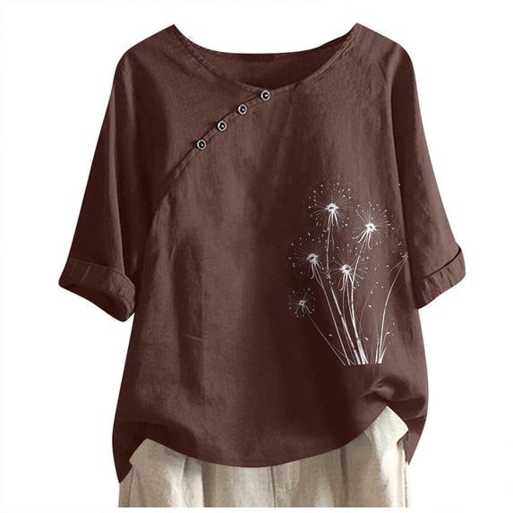 Raeneomay Button Sown Shirts for Women 2024 Casual Fashion Crew-Neck Button-printed Short-Sleeved Top