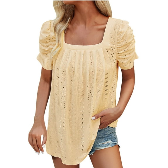 Raeneomay Cap Sleeve Tops for Women Fashion Women Short Sleeve Garment Comfortable Breathable Round-Neck Blouses Tops