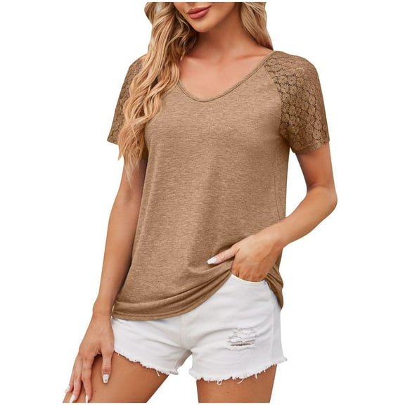Raeneomay Cap Sleeve Tops for Women Patchwork Mesh Short Sleeved Top Solid Color Casual Loose T-Shirt