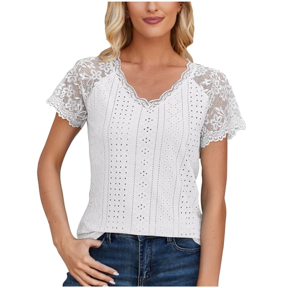 Raeneomay Cap Sleeve Tops for Women Versatile and Comfortable V-Neck Short Sleeved Lace Patchwork Top
