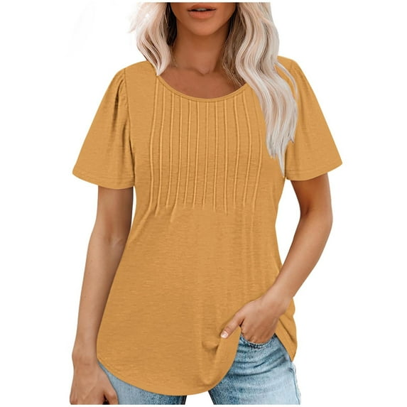 Raeneomay Casual Plus Size Tunics Tops Fashionable Women's Casual Short Sleeved Loose Round Neck Solid Color Top
