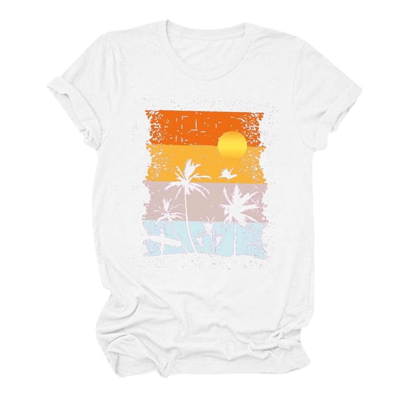Raeneomay Casual Plus Size Tunics Tops Summer Beach Printed T-Shirt with Round Neck and Short Sleeved Top