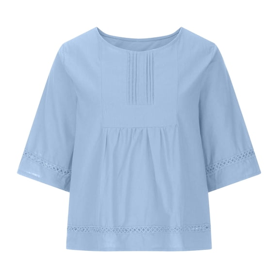 Raeneomay Casual Plus Size Tunics Tops Women's Casual Round Neck Half Sleeve Solid Loose Shirt Hallow Out Cotton and Linen Blouse Tops