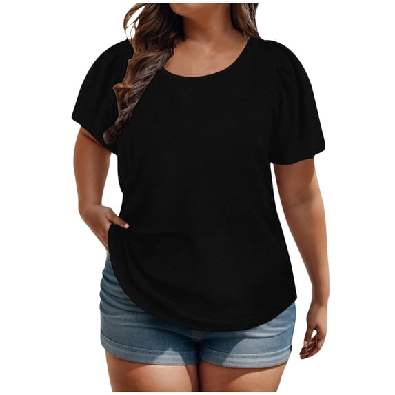 Raeneomay Casual Plus Size Tunics Tops Women's Summer Solid Color Plus Size Tops Puff Short Sleeve Round Neck Loose Fashion Short Sleeve Round Neck Top XL-5XL