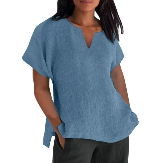 Raeneomay Casual Plus Size Tunics Tops Womens Solid Color V-Neck Loose Blouse Short Sleeve Casual Work Shirt Tunic Tops